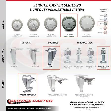 Service Caster 5 Inch SS Gray Polyurethane Swivel 10mm Threaded Stem Caster with Brake SCC SCC-SSTS20S514-PPUB-TLB-M1015